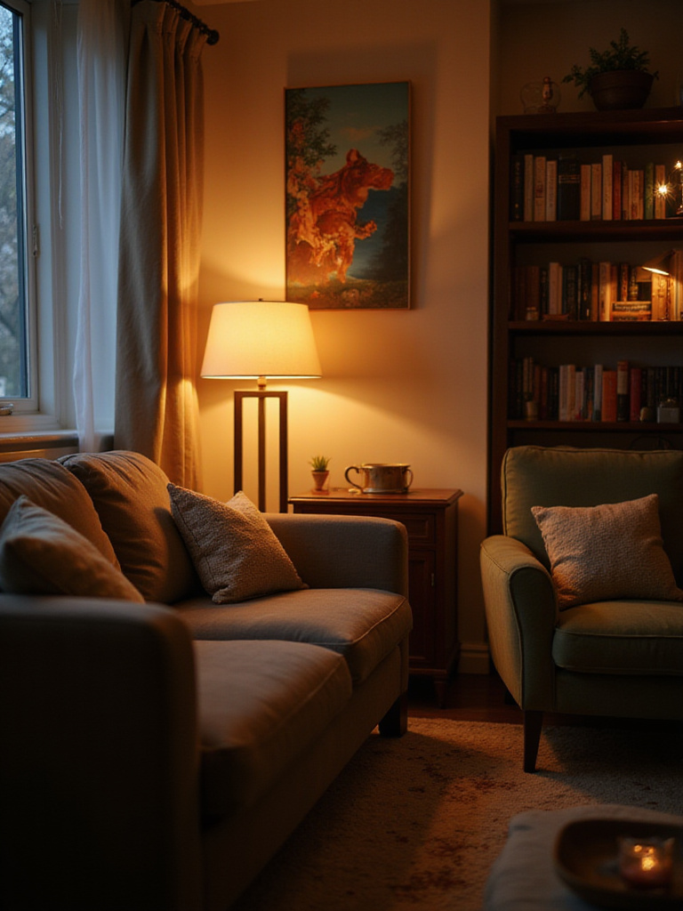 Cozy apartment living room with layered lighting showcasing warm light from floor and table lamps.