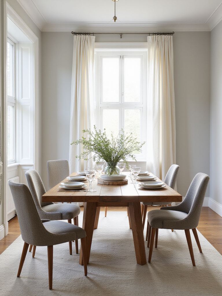 Elegant dining room with a wood table styled to match the decor for a cohesive look.