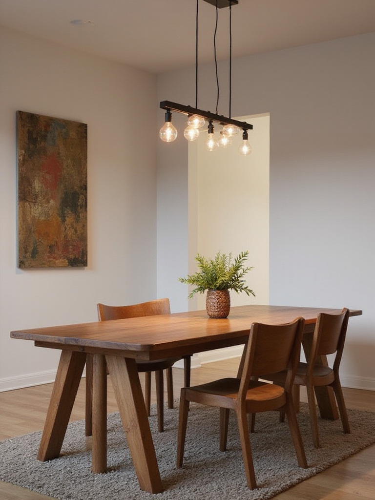 Modern dining room with a long wooden table, minimalist chairs, and a black linear pendant light fixture hanging above, illustrating matching lighting style to decor.