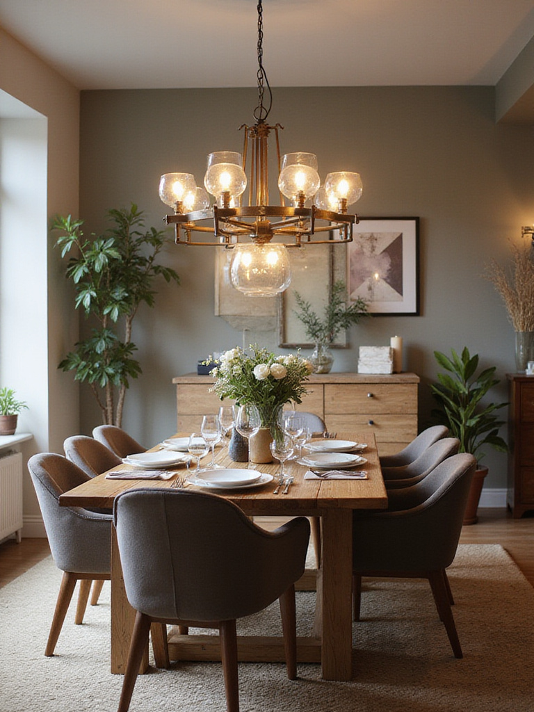 A dining room with a table illuminated by a ceiling fixture made from a combination of metal and glass, showcasing how different materials impact lighting and style.