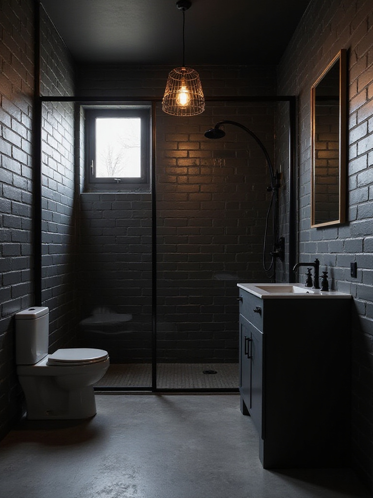 Industrial bathroom featuring matte black subway tiles with dark grout on the walls, a concrete floor, and black metal fixtures, creating a moody urban aesthetic.