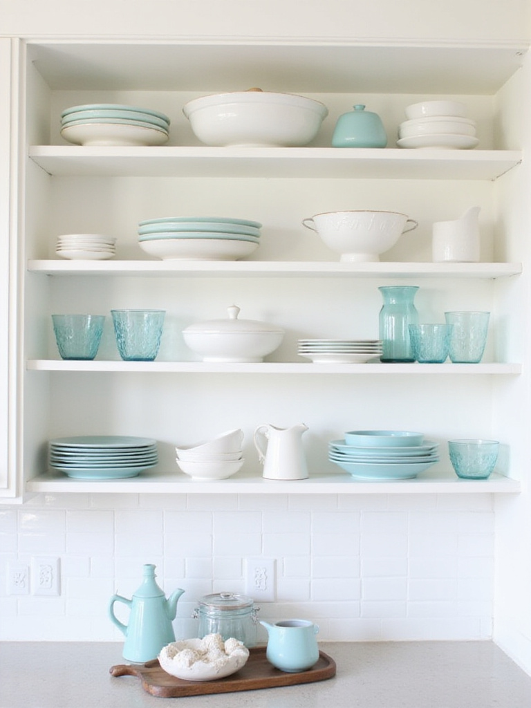 Open shelving in a coastal kitchen displaying curated dishes and decor, maximizing airiness and creating a bright, spacious feel.