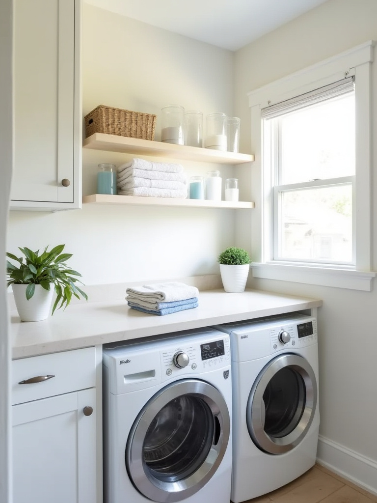 Bright and organized laundry room with countertop above washer and dryer for folding and sorting.