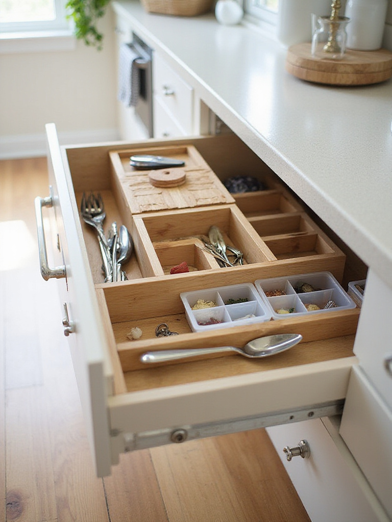 A deep kitchen drawer in a small kitchen organized with bamboo dividers, a tiered spice organizer, and modular bins, showcasing efficient space utilization.