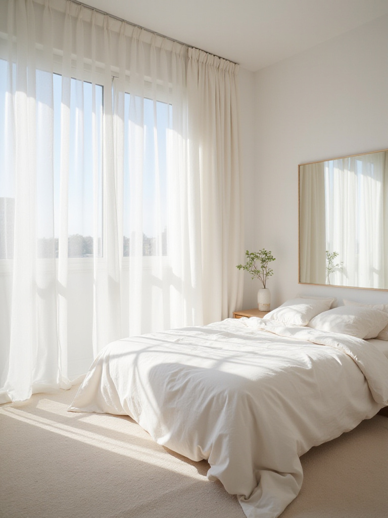 Small bedroom with large window and sheer curtains maximizing natural light
