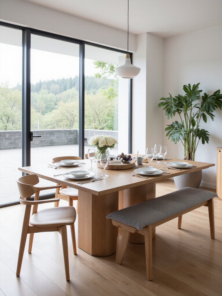 Modern dining room with extendable table, bench, and chairs maximizing seating without cramping space.