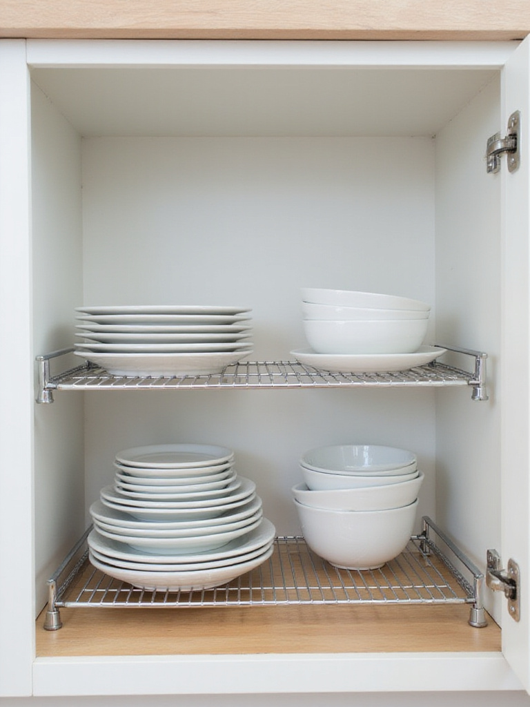 Interior of a kitchen base cabinet showing stacks of dinner plates under a wire shelf riser and stacks of salad plates and bowls on top of the riser, maximizing vertical storage.