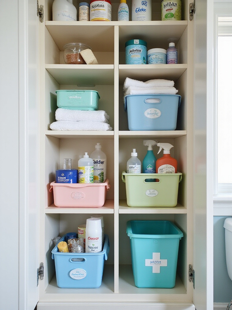 Organized bathroom cabinet with stackable bins showcasing toiletries and cleaning supplies.
