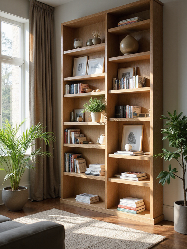 Living room featuring tall, slim shelving filled with decor and books