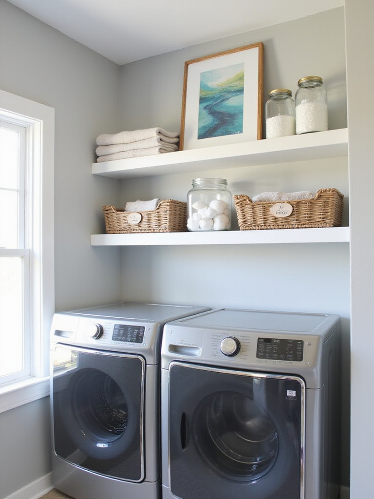 Laundry room with white floating shelves above washer and dryer for organized storage.
