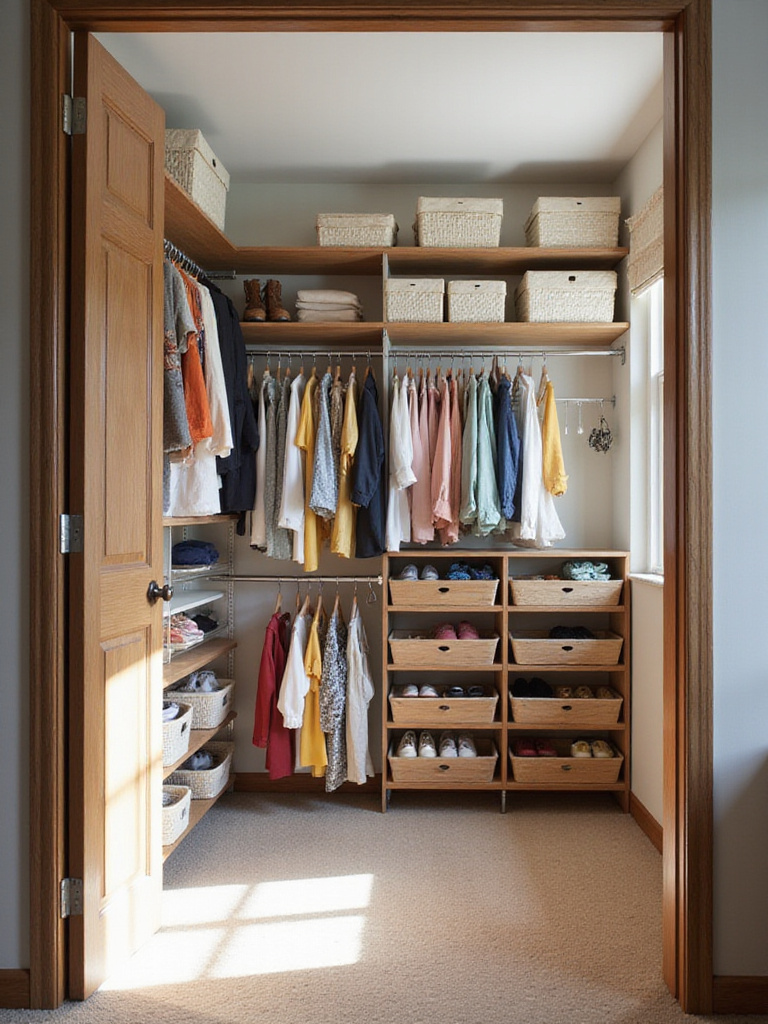 A well-organized bedroom closet showcasing maximum vertical storage with multiple hanging rods, tall shelves, storage bins, and shoe racks.