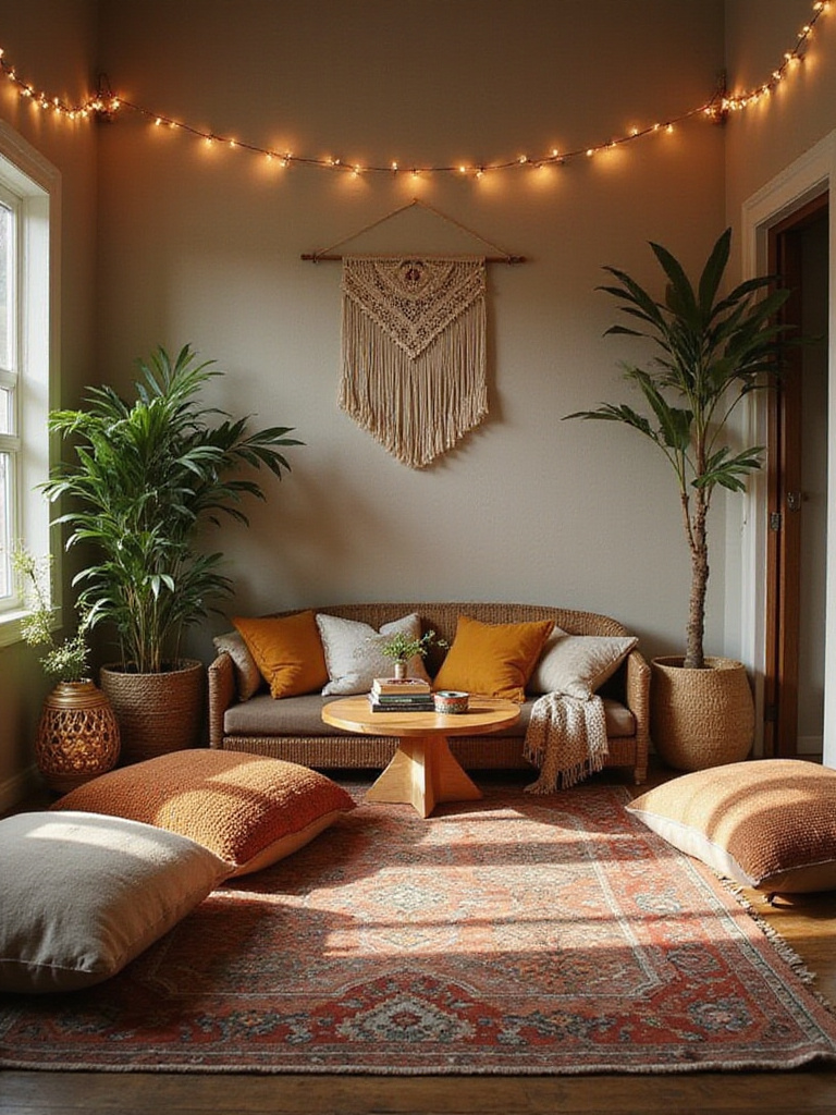 Cozy boho reading nook or meditation corner in a living room with layered rugs, floor cushions, plants, and warm ambient lighting.