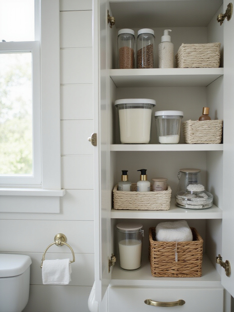 Neatly organized bathroom cabinet with perfectly fitting containers.