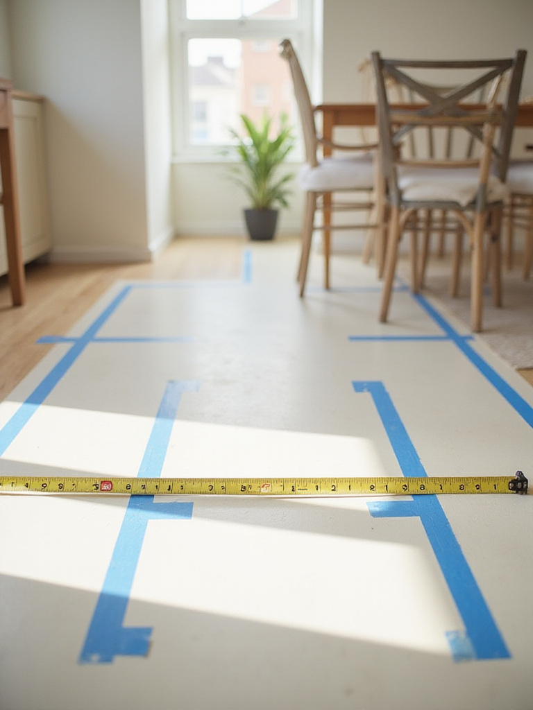 Tape measure and painter's tape marking dining room floor for accurate table size and clearance.