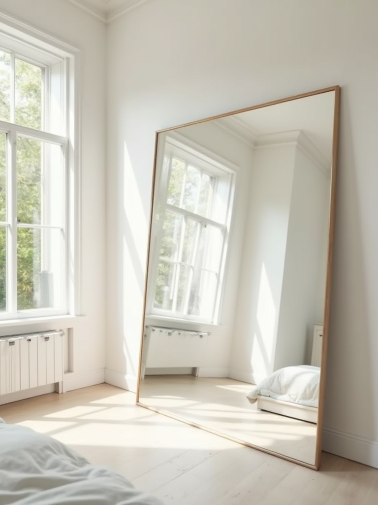 Bedroom with a large mirror reflecting light and space
