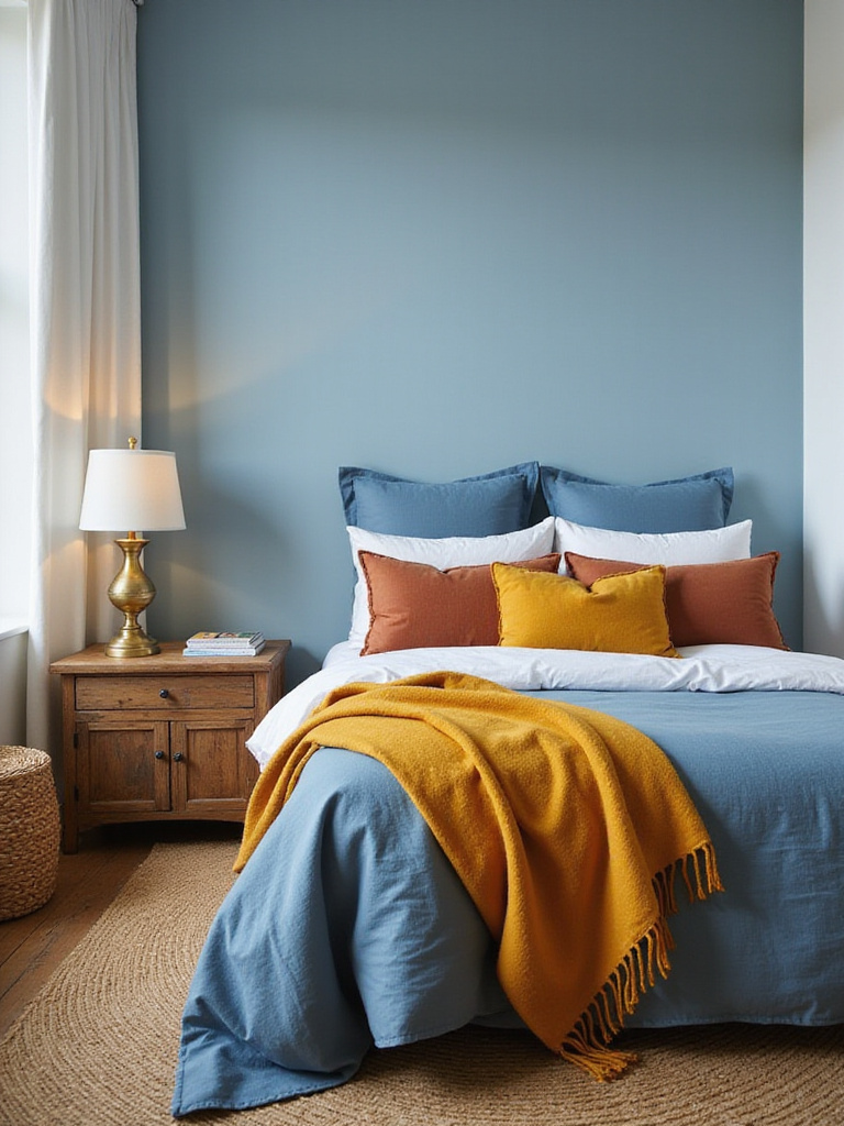 Dreamy blue bedroom with warm color accents like terracotta pillows, a mustard yellow blanket, and wood furniture for contrast.