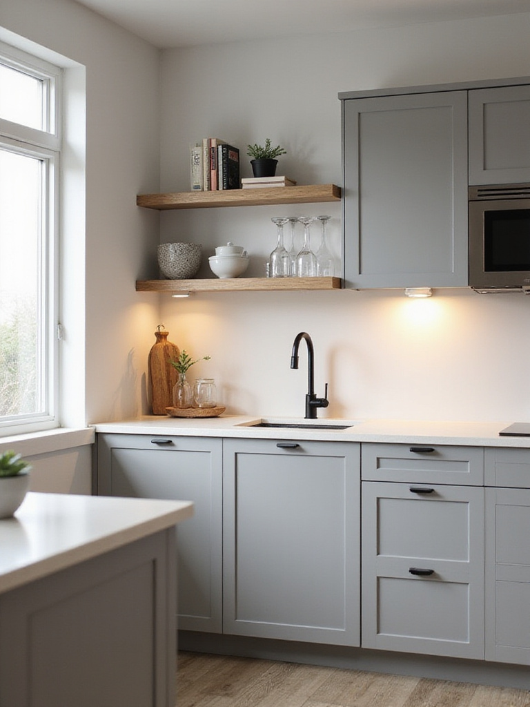 Small modern kitchen featuring a mix of grey base cabinets and floating wood open shelves above, designed to maximize space and create an open feel.