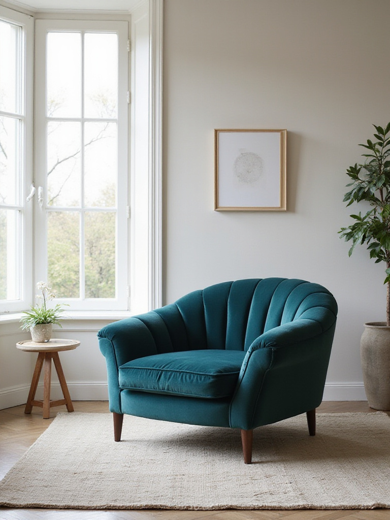 A modern living room centered around a sculptural velvet armchair in a jewel tone, serving as a striking statement furniture piece.