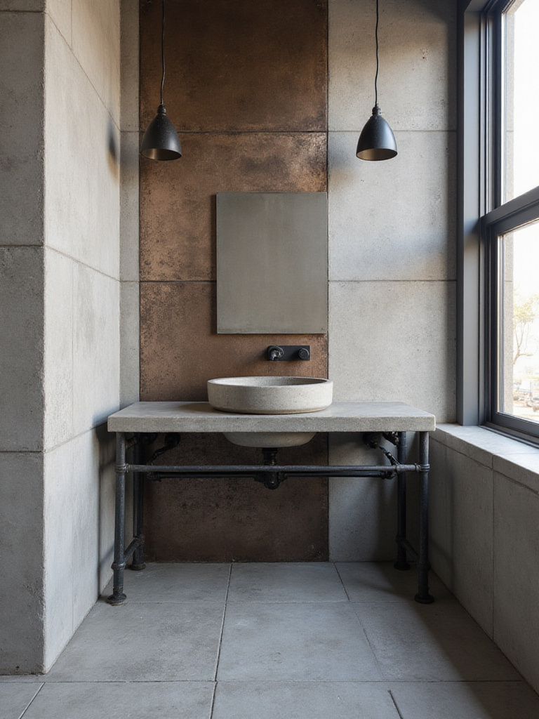 Industrial bathroom featuring mixed textures with large format concrete-look tiles and a textured metal-look accent wall.
