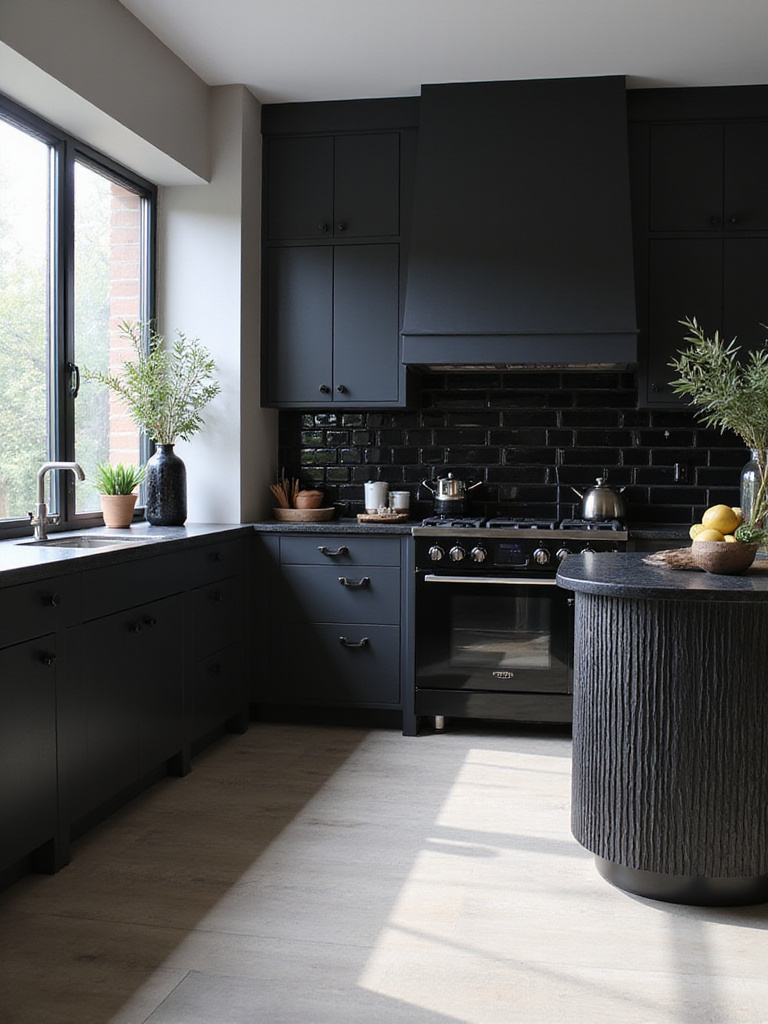 Modern black kitchen featuring a sophisticated mix of matte black cabinets, a textured black island base, and a glossy black subway tile backsplash, showcasing depth and visual interest through varied finishes.