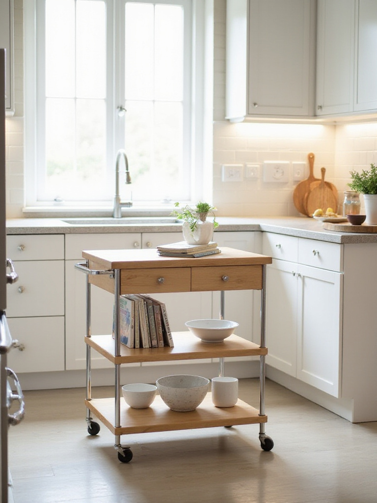 Modern kitchen with a light wood mobile kitchen cart providing flexible storage and workspace.