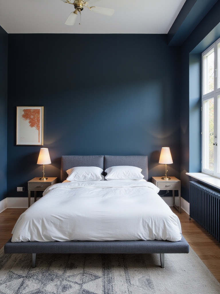 Modern bedroom featuring walls painted in a deep navy blue, creating a bold and sophisticated sanctuary. Includes a platform bed, minimalist furniture, and natural light.