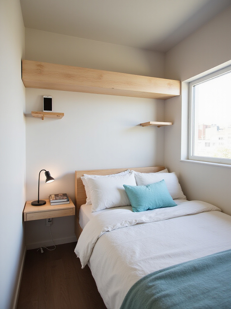Small bedroom with floating nightstands and headboard shelf.