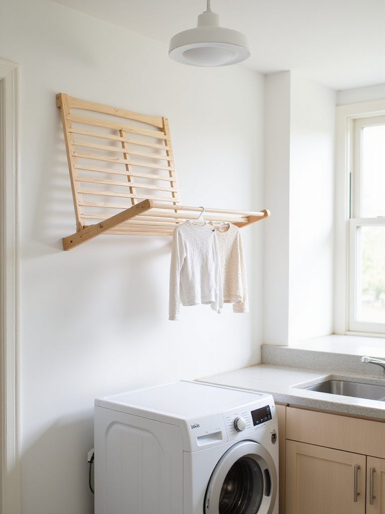 Foldable wooden drying rack mounted above washing machine in bright laundry room