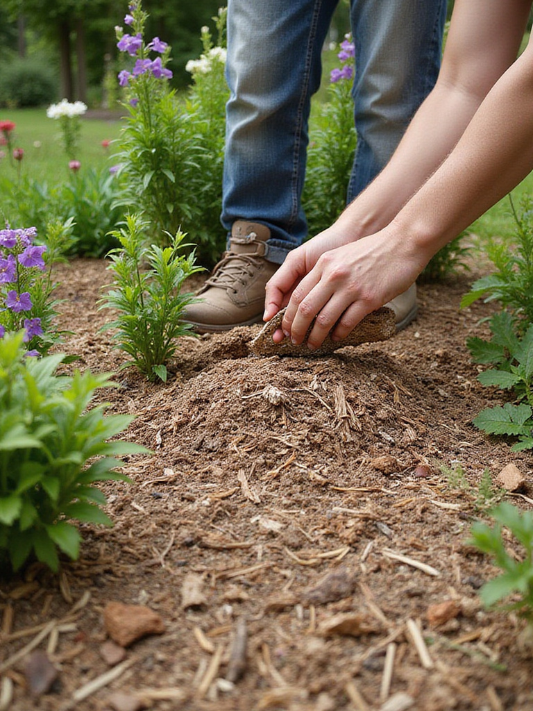 Applying a layer of organic mulch around plants in a flower garden bed to conserve moisture and suppress weeds.