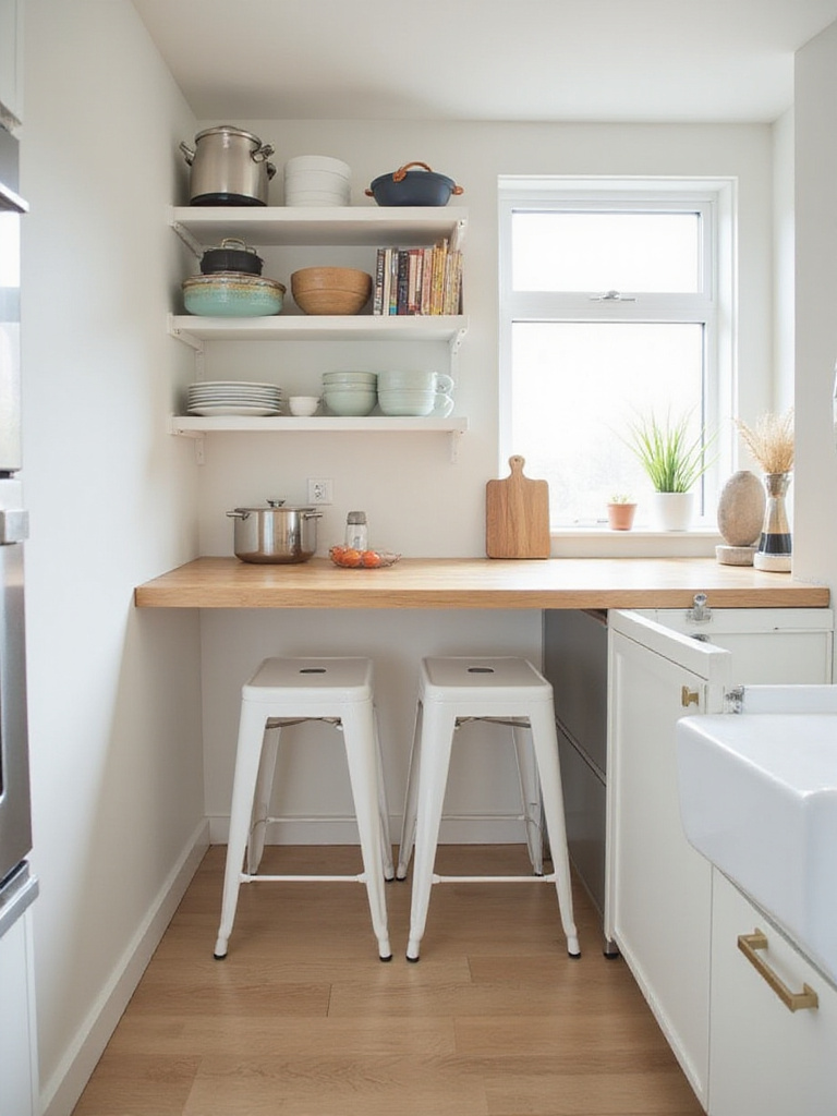 Small kitchen with multi-functional island featuring pull-out dining table and storage.