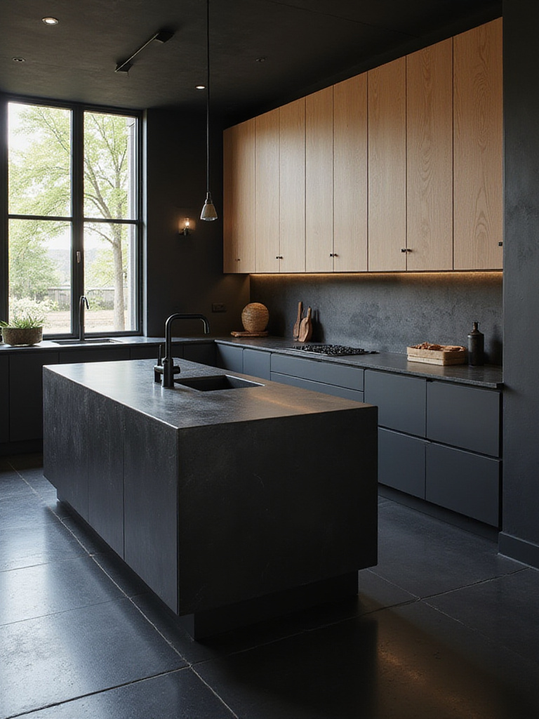 Modern black kitchen with black stone countertops on the island and perimeter, paired with black and wood cabinetry, featuring a black sink and faucet.