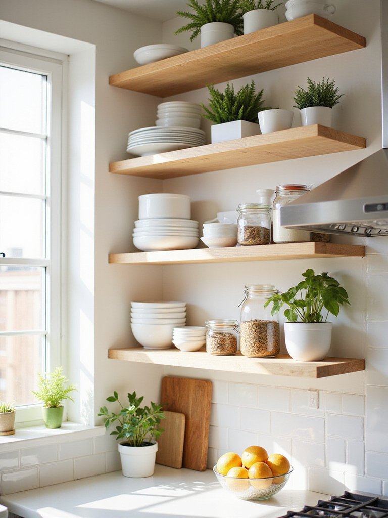Kitchen with open shelving displaying dishes, spices, and plants