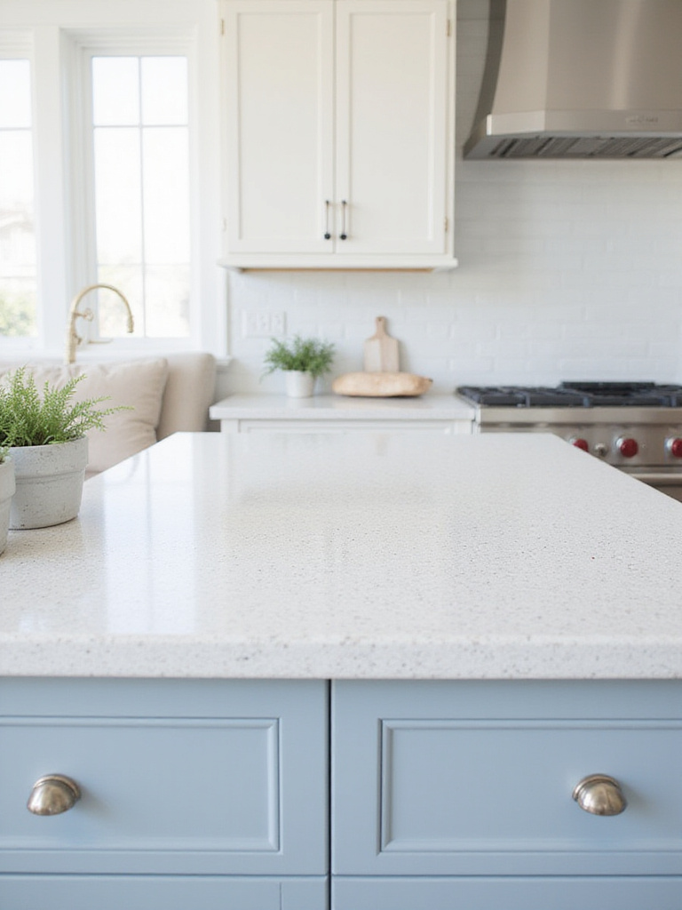 Durable, light-colored quartz countertops in a coastal kitchen, providing a bright, reflective, and low-maintenance work surface.