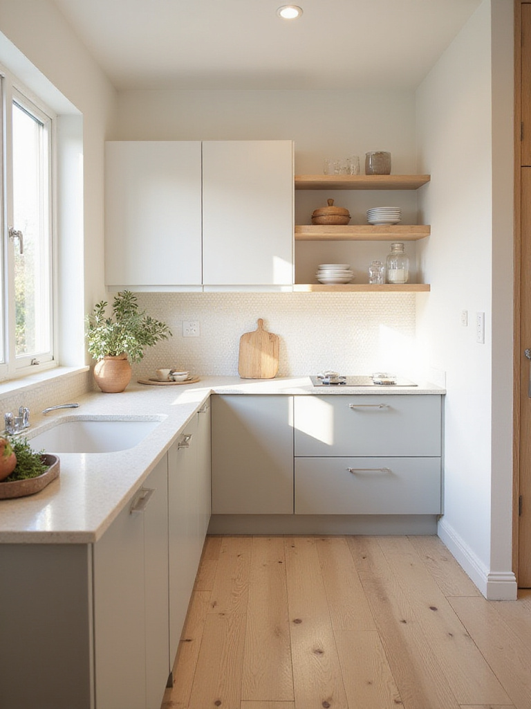 A bright, small kitchen featuring pale gray base cabinets, white upper cabinets, and light wood floors, showcasing how a light color palette makes the space feel more open and spacious.