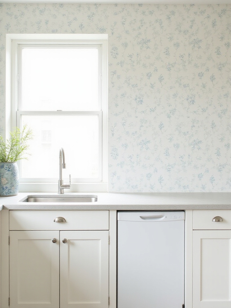 Kitchen walls covered in subtle white wallpaper with a delicate blue floral sprig pattern. Features white cabinets and light countertops, illuminated by natural light.
