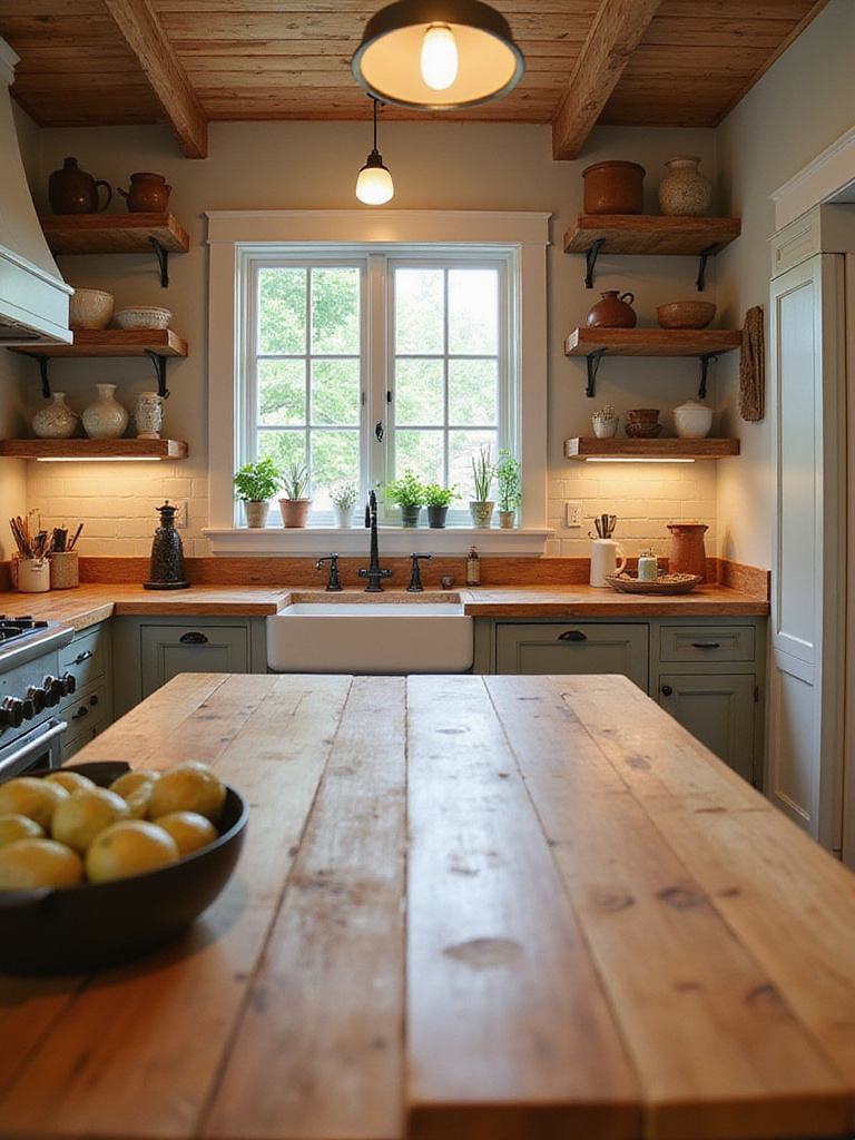 Rustic kitchen featuring warm, natural wood butcher block countertops on perimeter cabinets and a central island, creating a cozy and inviting atmosphere.
