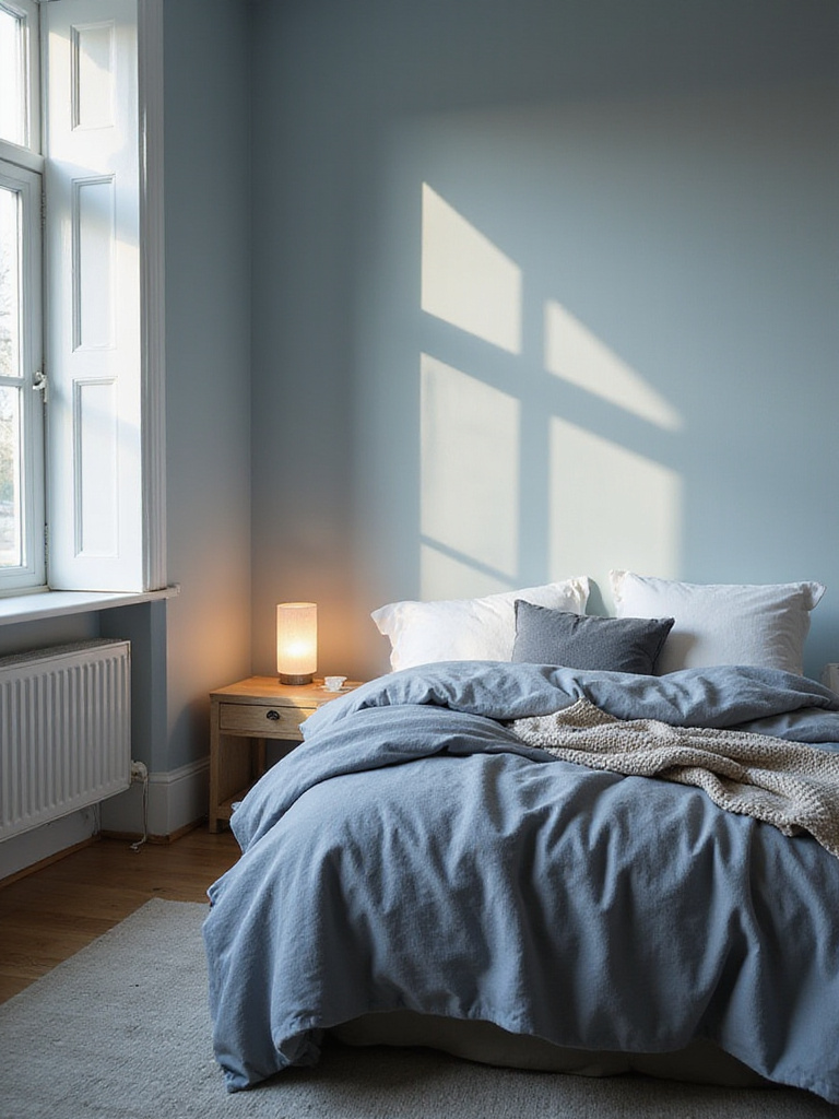A cozy bedroom featuring walls painted in a muted dusty blue, with layered blue and grey bedding and a warm lamp, creating a serene atmosphere.
