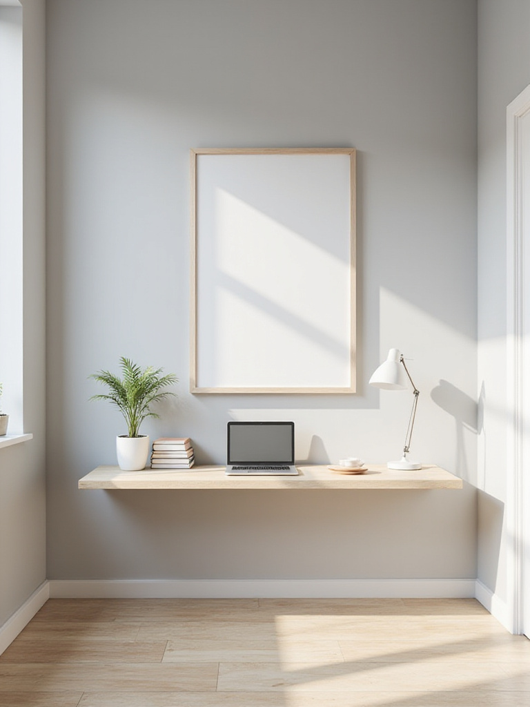 Small bedroom with a narrow floating desk maximizing space.