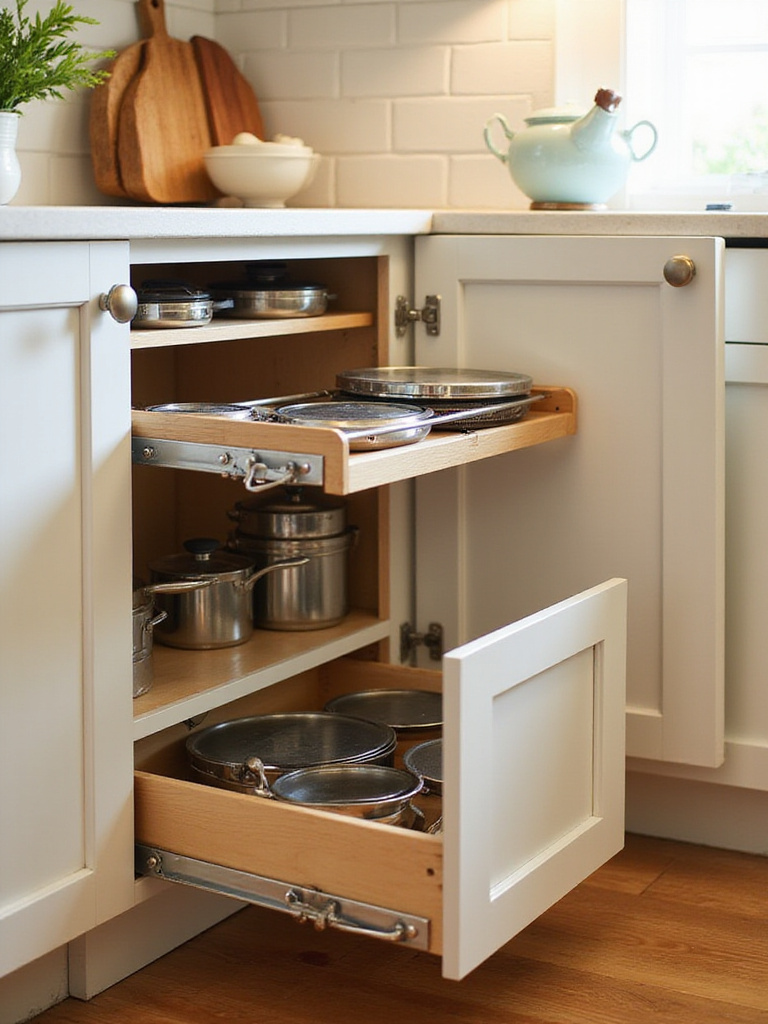 Organized kitchen cabinet and drawer showing pot and pan lids stored separately in door-mounted racks and drawer dividers.