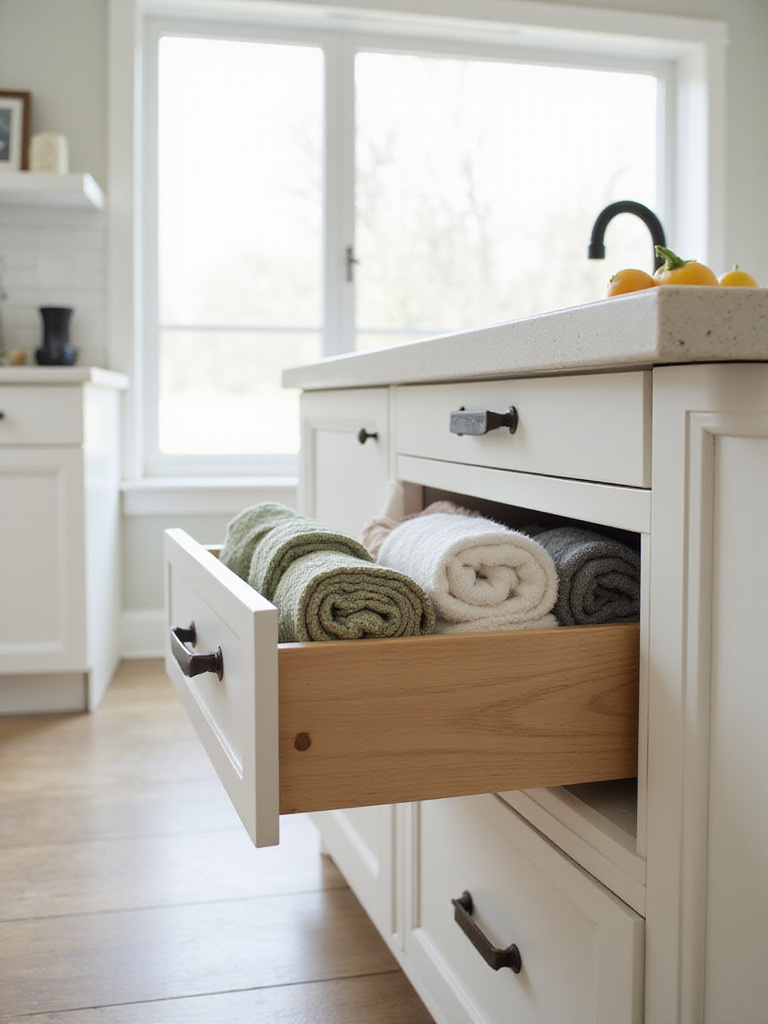 Open kitchen drawer or basket filled with neatly folded and organized kitchen towels and dishcloths.