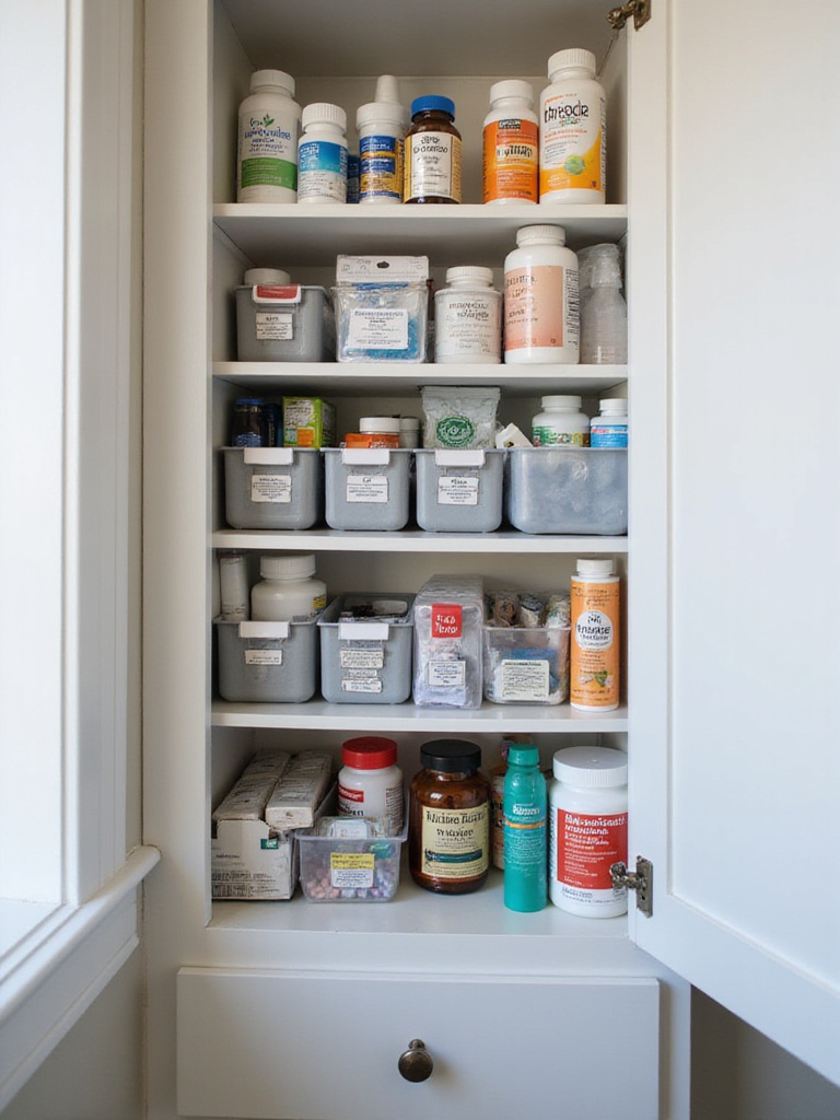 An organized bathroom cabinet with labeled bins for medications, showcasing a safe and efficient storage solution.