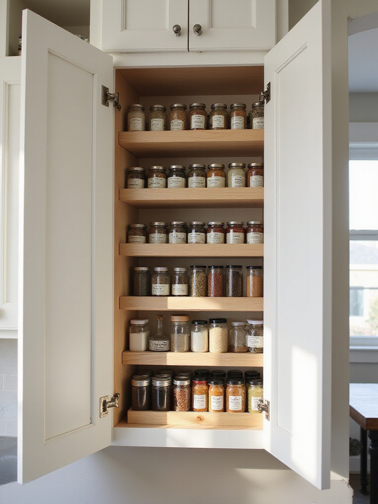 Organized kitchen cabinet with a tiered spice rack showing neatly arranged spice jars.