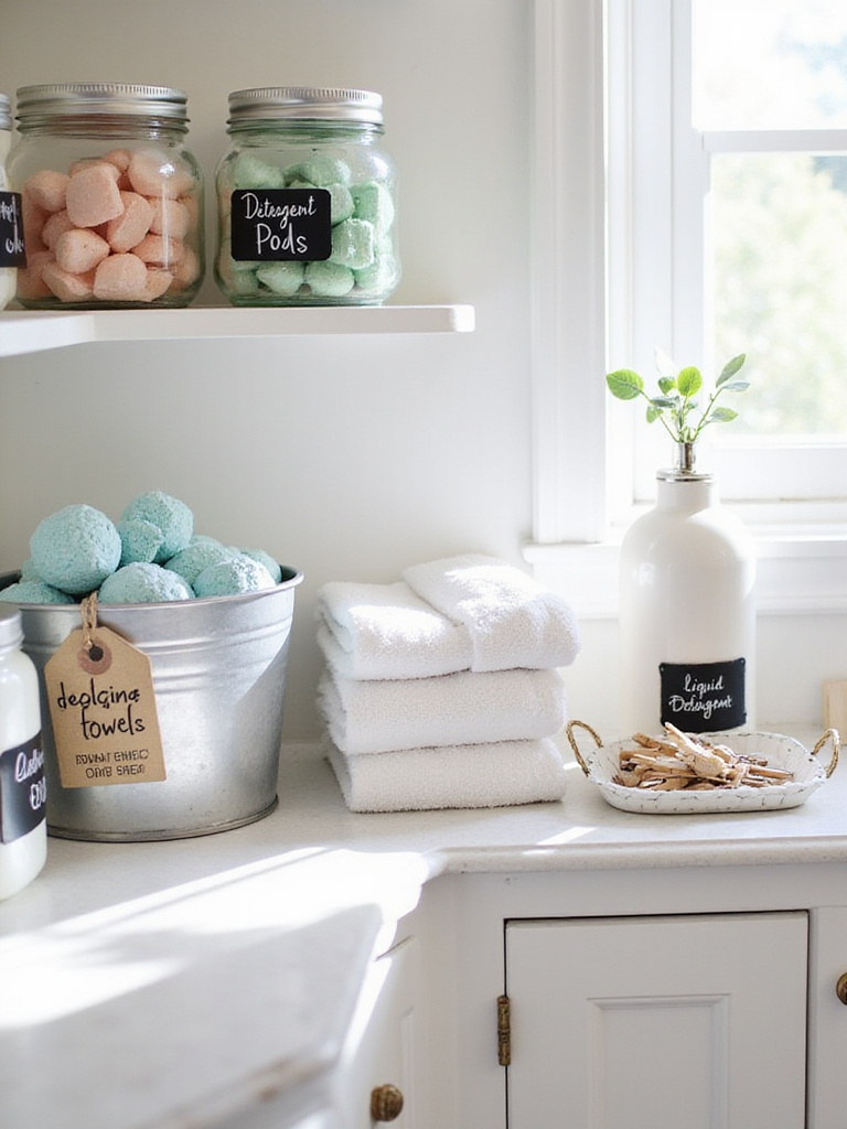 Organized laundry room counter with various labeled containers for detergent, towels, and supplies.