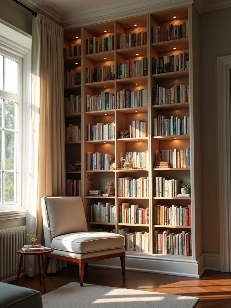 A bedroom bookshelf neatly organized by genre or author, contributing to a clutter-free and cozy reading corner.
