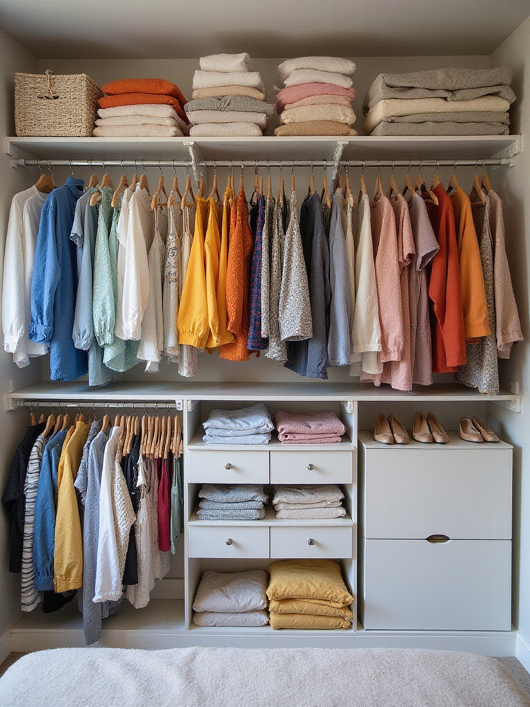 View inside a clean, well-organized bedroom closet with clothes sorted by category and color on hangers and shelves.