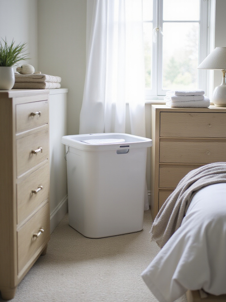 Stylish multi-compartment laundry hamper in a tidy bedroom corner, illustrating an organized laundry routine contributing to a clutter-free space.