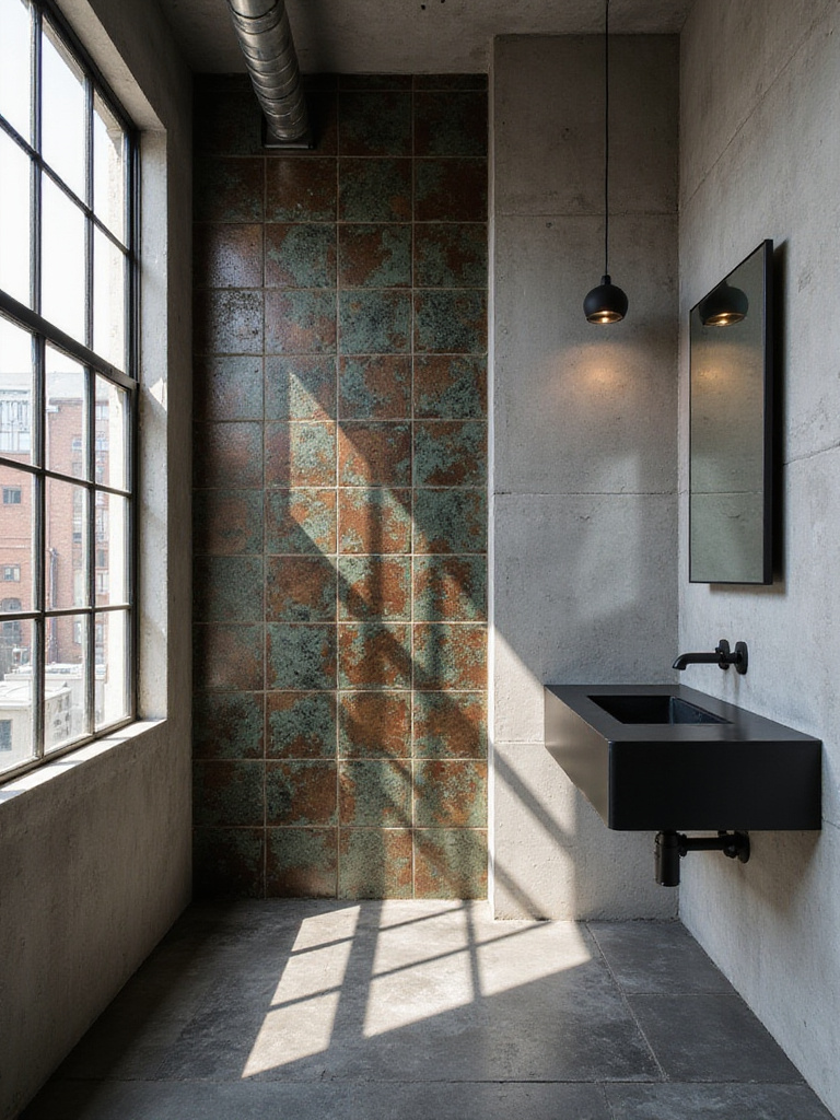 Industrial style bathroom featuring a full accent wall covered in oxidized copper look tiles with a green and brown patina, contrasted with concrete walls and dark metal fixtures.