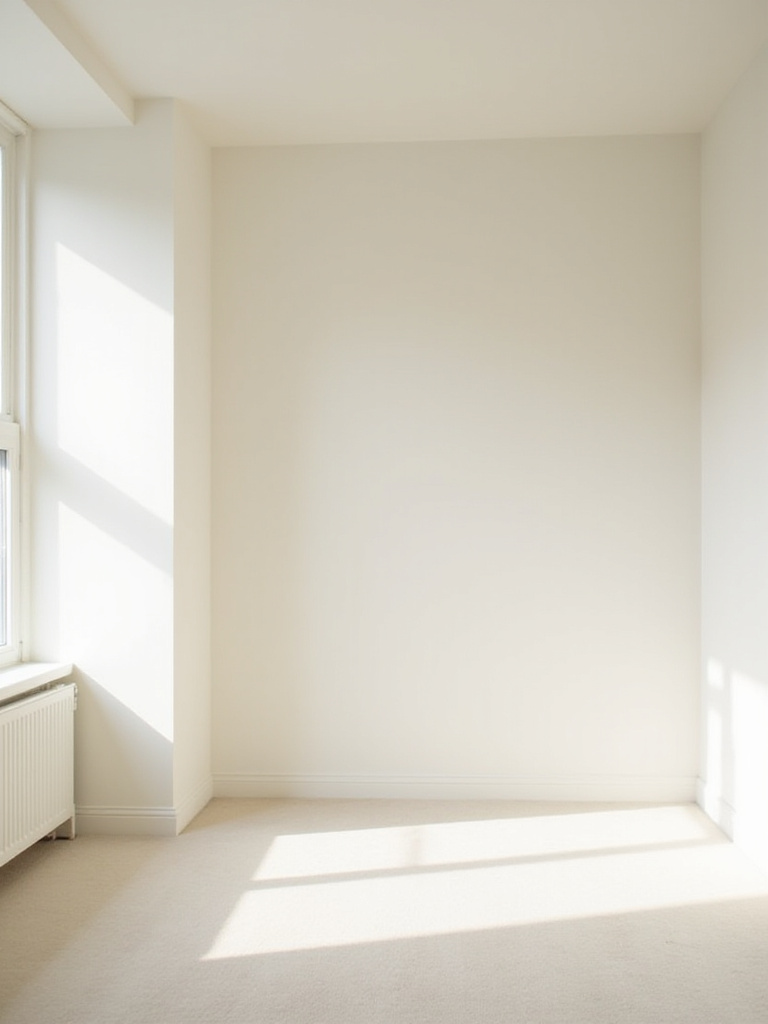 Small bedroom with light creamy white walls, maximizing natural light and creating an airy feel.