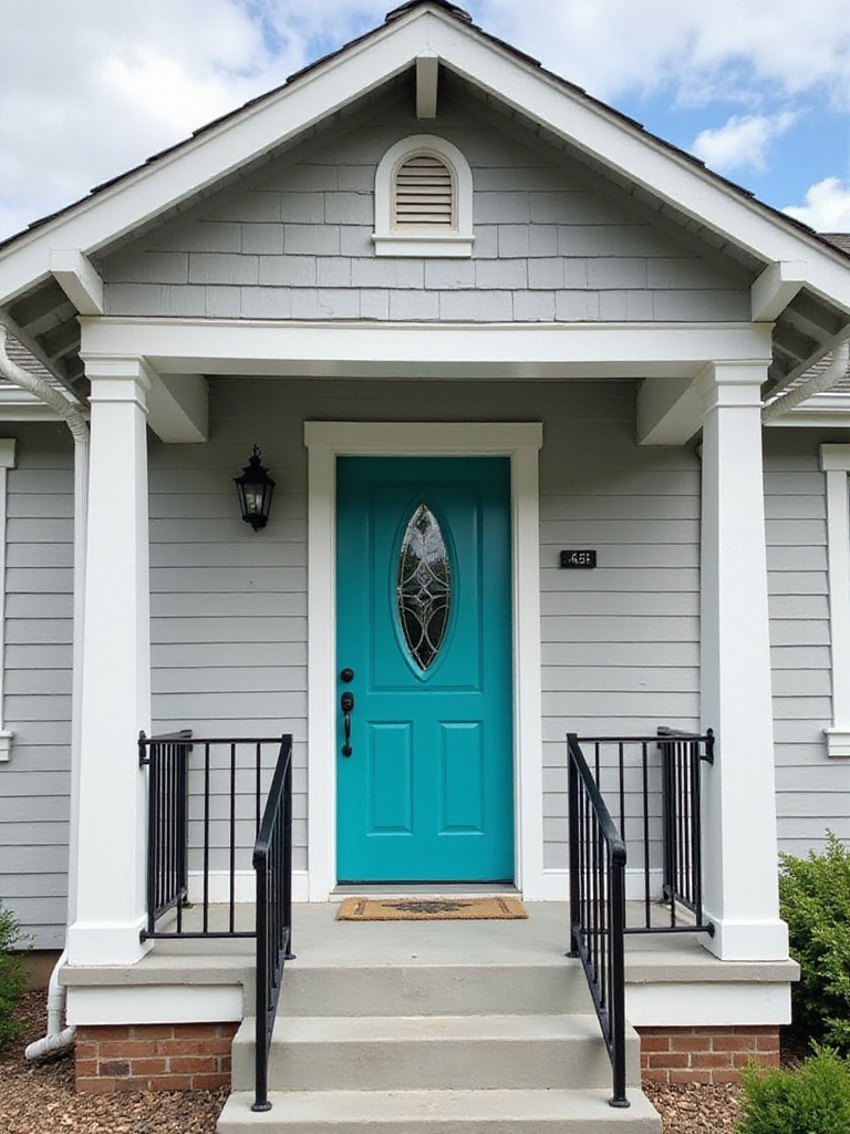 Craftsman house with light grey siding and a vibrant teal front door.