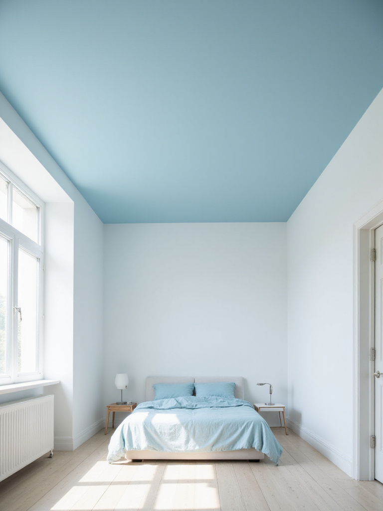 A peaceful bedroom with white walls and a serene sky blue painted ceiling. Natural light streams in, illuminating the simple bed and nightstand, creating an airy and calm atmosphere.